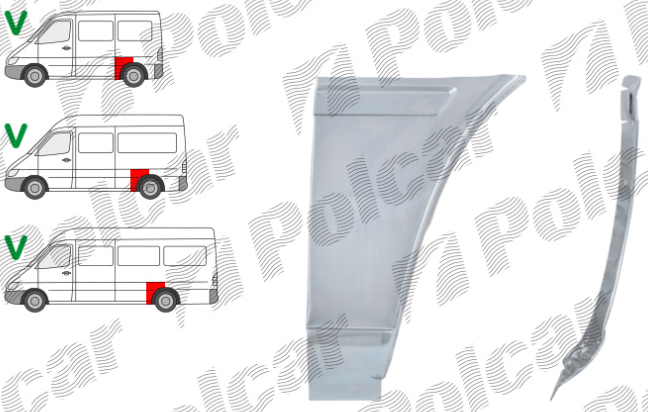 Segment reparatie aripa spate MERCEDES SPRINTER, 01.1995-2006, VW LT II 05.1996-12.2005, partea dreapta, lateral panel: L=1200 mm; metal galvanizat; in fata rotii; lungime 250, inaltime 440 mm; ampatament 3000 mm,
