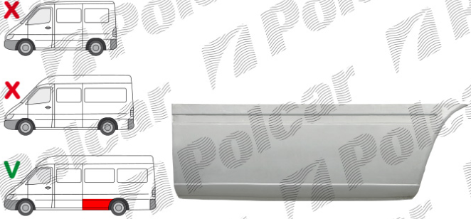 Segment reparatie aripa spate MERCEDES SPRINTER, 01.1995-2006, VW LT II 05.1996-12.2005, partea dreapta, lateral panel: L=2900 mm; metal galvanizat; in fata rotii; ampatament 4025 mm,