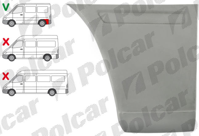 Segment reparatie aripa spate MERCEDES SPRINTER, 01.1995-2006, VW LT II 05.1996-12.2005, partea dreapta, lateral panel: L=1200 mm; metal galvanizat; in spatele rotii; hight 430 mm; ampatament 3000 mm,
