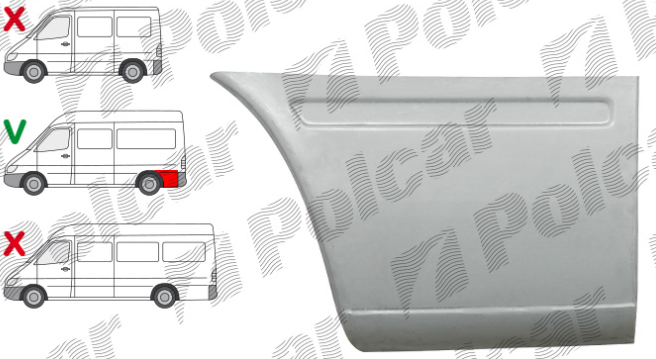 Segment reparatie aripa spate MERCEDES SPRINTER, 01.1995-2006, VW LT II 05.1996-12.2005, partea dreapta, metal galvanizat; in spatele rotii; lungime 1950 mm, hight 430 mm; ampatament 3000 mm,