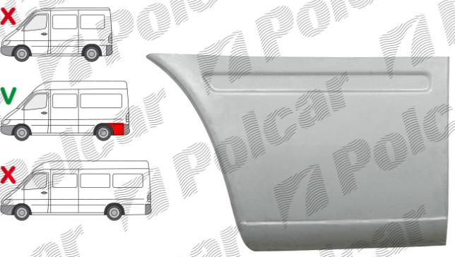 Segment reparatie aripa spate MERCEDES SPRINTER, 01.1995-2006, VW LT II 05.1996-12.2005, partea dreapta, lateral panel: L=1950 mm; in spatele rotii; hight 430 mm; ampatament 3550 mm,