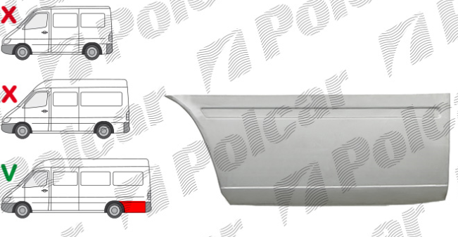 Segment reparatie aripa spate MERCEDES SPRINTER, 01.1995-2006, VW LT II 05.1996-12.2005, partea dreapta, lateral panel: L=2900 mm; in spatele rotii; lungime 1185, inaltime 500 mm; ampatament 4025 mm,