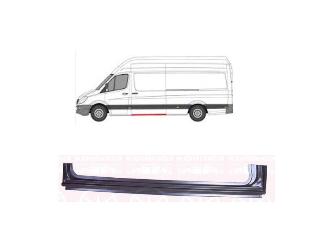 Prag MERCEDES SPRINTER, 07.2006-2018, VW CRAFTER (2E), 12.2005-04.2017, dreapta, KLOKKERHOLM, metal 1, 5mm, galvanizat; sub usa culisanta; lungime 1505 mm, inaltime 210 mm; spatiu incarcare L=3265mm, spatiu incarcare L=4300mm, spatiu incarcare L=4700mm,