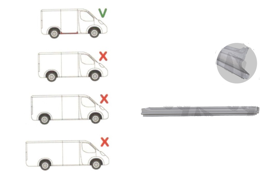 Prag MERCEDES SPRINTER, 07.2006-2018, VW CRAFTER (2E), 12.2005-04.2017, partea dreapta, metal galvanizat; sub usa culisanta; lungime 1286 mm; spatiu incarcare L=2600mm, ampatament 3250 mm,