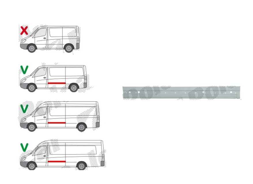 Piese de reparatie pentru panoul lateral MERCEDES SPRINTER; VW CRAFTER (2E), 12.2005-04.2017, stanga, superior; metal; latimea segmentului; deasupra ornamentului lateral; lungime 1520, inaltime 170 mm; ampatament 3665 mm, ampatament 4325 mm,
