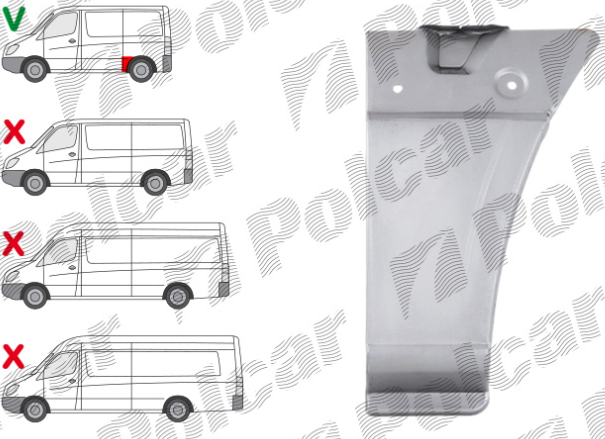 Segment reparatie aripa spate MERCEDES SPRINTER, 07.2006-06.2018, VW CRAFTER (2E), 12.2005-04.2017, partea stanga, metal galvanizat; in fata rotii; inaltime 393 mm; spatiu incarcare L=2600mm, ampatament 3250 mm,