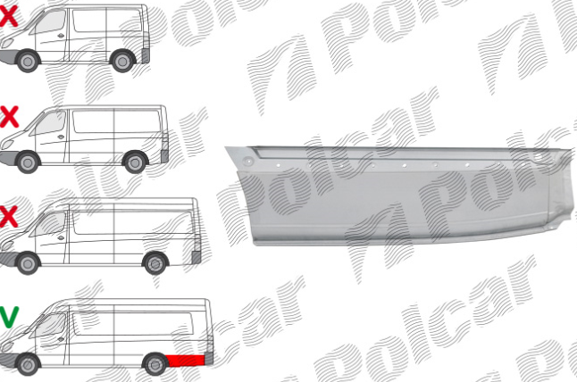 Segment reparatie aripa spate MERCEDES SPRINTER, 07.2006-06.2018, VW CRAFTER (2E), 12.2005-04.2017, partea stanga, metal galvanizat; in spatele rotii; lungime 1405 mm, inaltime 395 mm; spatiu incarcare L=4700mm, ampatament 4325 mm, Extra versiune lunga,