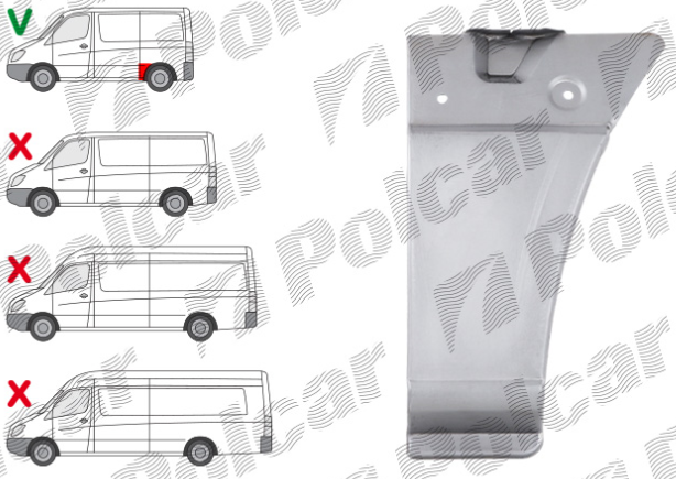 Segment reparatie aripa spate MERCEDES SPRINTER, 07.2006-06.2018, VW CRAFTER (2E), 12.2005-04.2017, partea dreapta, metal galvanizat; in fata rotii; inaltime 393 mm; spatiu incarcare L=2600mm, ampatament 3250 mm,