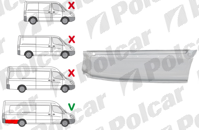 Segment reparatie aripa spate MERCEDES SPRINTER, 07.2006-06.2018, VW CRAFTER (2E), 12.2005-04.2017, dreapta, metal galvanizat; in spatele rotii; lungime 1405 mm, inaltime 395 mm; spatiu incarcare L=4700mm, ampatament 4325 mm, Extra versiune lunga,