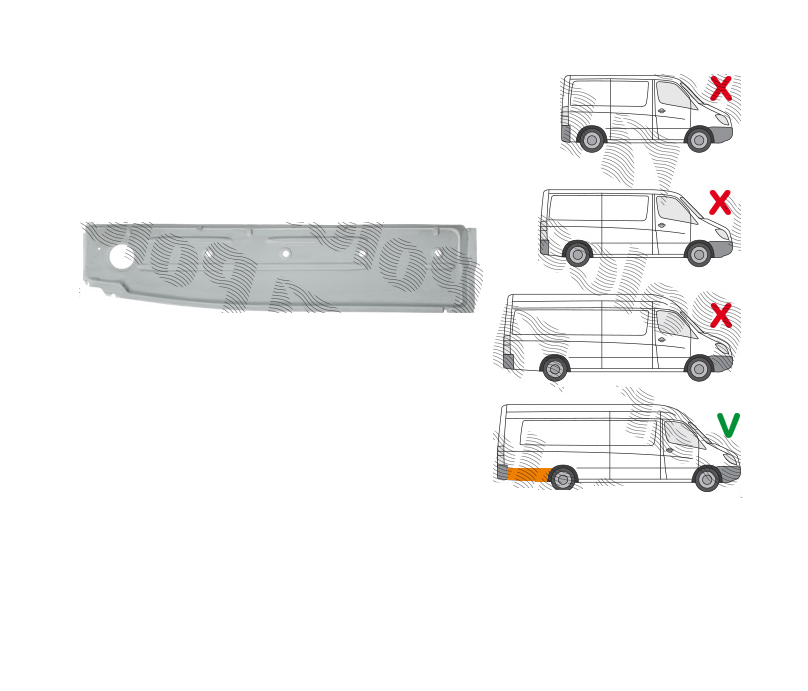 Intaritura perete lateral MERCEDES SPRINTER 209-524, 07.2006-2018, VW CRAFTER (2E), 12.2005-04.2017, partea dreapta, interior; metal; latimea segmentului; Extra versiune lunga 4700mm,