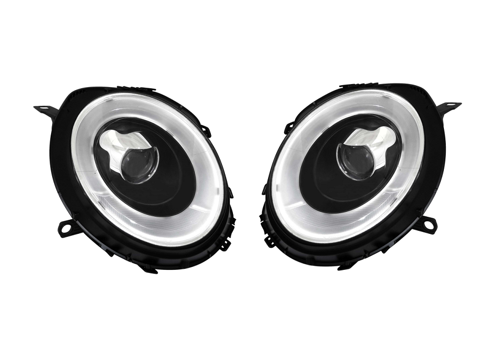 Set faruri tuning MINI ONE/COOPER/CLUBMAN/CLUBVAN/COUPE/ROADSTER/CABRIO (R55/56/57/58/59), 07.2007-2012, cu semnalizare; cu daytime running light; H9; electrical; negru, transparent; TUNING; halogen,