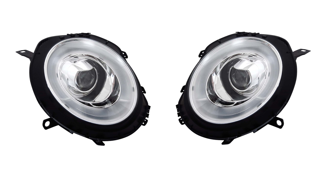 Set faruri tuning MINI ONE/COOPER/CLUBMAN/CLUBVAN/COUPE/ROADSTER/CABRIO (R55/56/57/58/59), 07.2007-2012, cu semnalizare; cu daytime running light; H9; electrical; crom, transparent; TUNING; SAE; halogen,