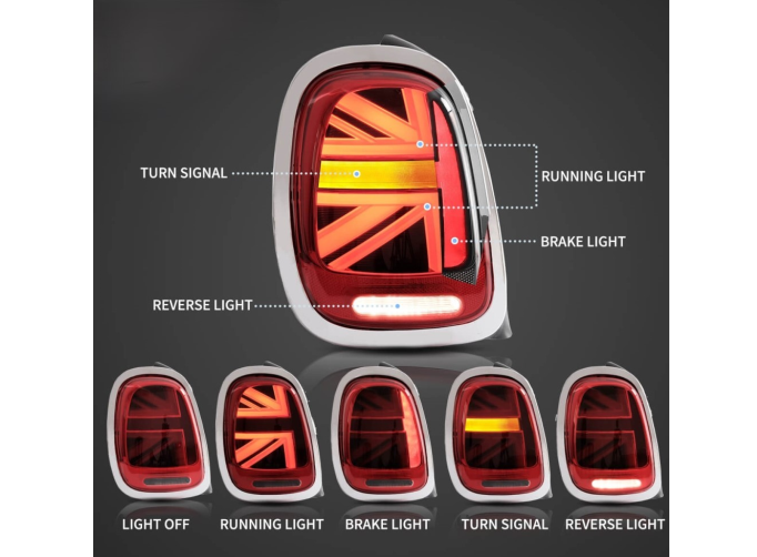 Set lampa spate spate MINI HATCH/CLUBMAN (F54/F55/F56/F57), 02.2014-2019, partea stanga, dynamic indicator; LED; inel cromat, rosu; TUNING,