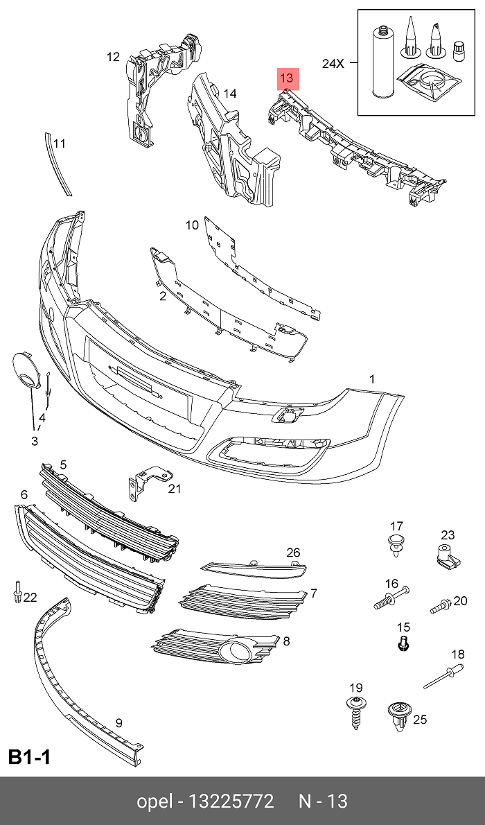 Traversa suport bara de protectie fata OPEL ASTRA H, 04.2007-12.2012, plastic; central, model Hatchback, Estate, modele cu 5 usi,