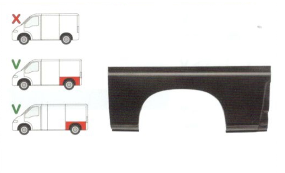 Segment reparatie aripa spate CITROEN JUMPER (230/244), 06.1994-08.2006; FIAT DUCATO (230/244), 03.1994-2006, PEUGEOT BOXER (230/244), 06.1994-2006, stanga, inferior; lungime 1400, inaltime 590 mm; pana la prima linie a caroseriei; versiune lungita,