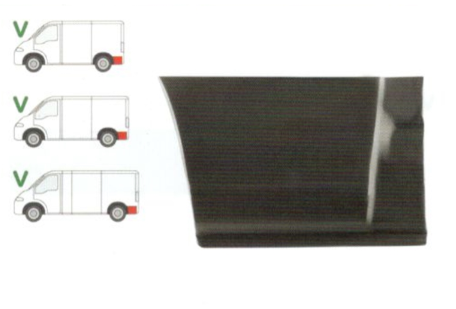 Segment reparatie aripa spate CITROEN JUMPER (230/244), 06.1994-08.2006; FIAT DUCATO (230/244), 03.1994-2006, PEUGEOT BOXER (230/244), 06.1994-2006, partea stanga, spate; in spatele rotii; cu body line pentru the bara; lungime 425, inaltime 268 mm,
