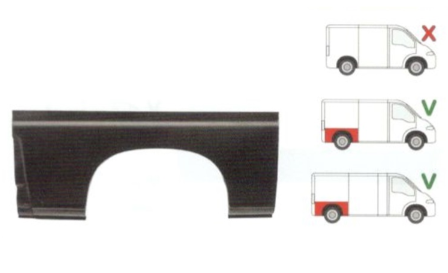 Segment reparatie aripa spate CITROEN JUMPER (230/244), 06.1994-08.2006; FIAT DUCATO (230/244), 03.1994-2006, PEUGEOT BOXER (230/244), 06.1994-2006, dreapta, inferior; lungime 1380, inaltime 590 mm; pana la prima linie a caroseriei; versiune lungita,