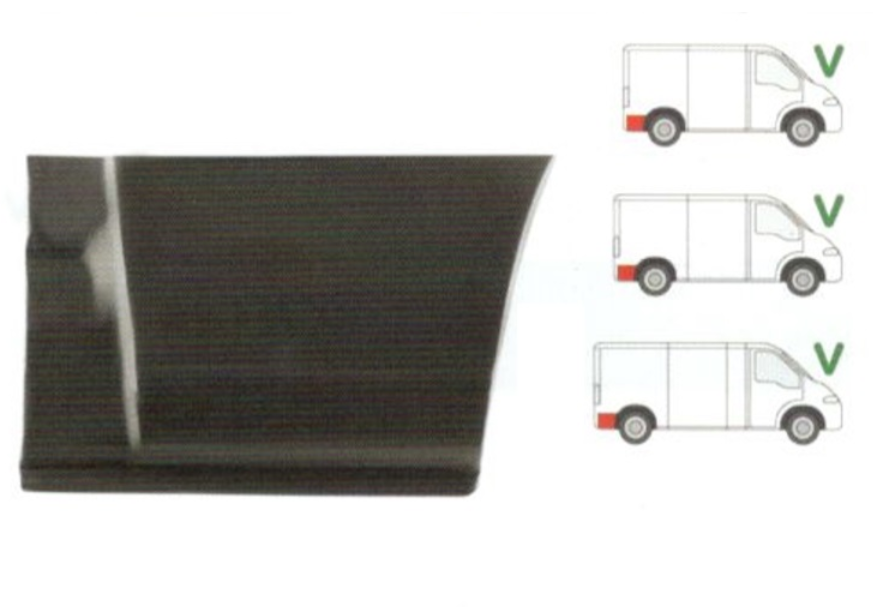 Segment reparatie aripa spate CITROEN JUMPER (230/244), 06.1994-08.2006; FIAT DUCATO (230/244), 03.1994-2006, PEUGEOT BOXER (230/244), 06.1994-2006, partea dreapta, spate; in spatele rotii; cu body line pentru the bara; lungime 425, inaltime 268 mm,