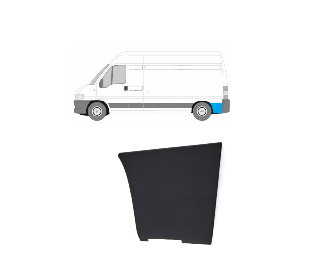 Bandou aripa spate CITROEN JUMPER (244), 01.2002-08.2006; FIAT DUCATO (244), 04.2002-09.2006; PEUGEOT BOXER (244), 04.2002-08.2006, partea stanga, negru; in spatele rotii; lungime 370, inaltime 340 mm,