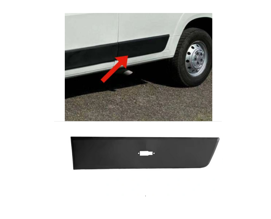 Bandou aripa spate CITROEN JUMPER (250), 09.2006-08.2014; FIAT DUCATO (250), 09.2006-08.2014; PEUGEOT BOXER (250), 09.2006-08.2014, partea stanga, gri inchis; cu gaura lampa; in fata rotii; lungime 810, inaltime 190 mm,