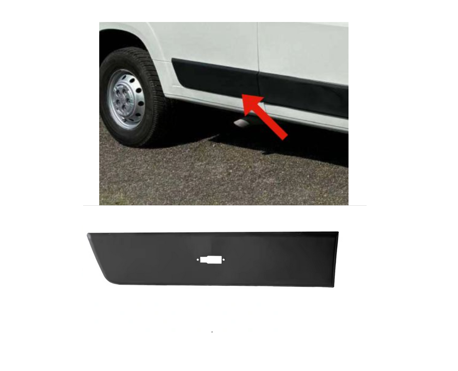 Bandou aripa spate CITROEN JUMPER (250), 09.2006-08.2014; FIAT DUCATO (250), 09.2006-08.2014; PEUGEOT BOXER (250), 09.2006-08.2014, partea dreapta, gri inchis; cu gaura lampa; in fata rotii; lungime 810, inaltime 190 mm,