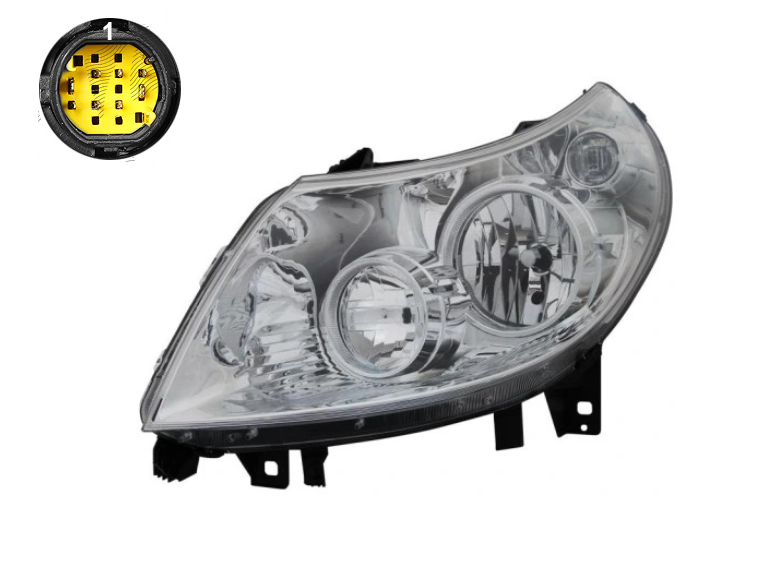 Far CITROEN JUMPER (250), 09.2006-12.2010; FIAT DUCATO (250), 09.2006-12.2010; PEUGEOT BOXER (250), 09.2006-12.2010, partea stanga, AYFAR, mufa cu 8 pini; mufa tip vechi; H1+H7+W5W; electrical; cu motor; halogen,