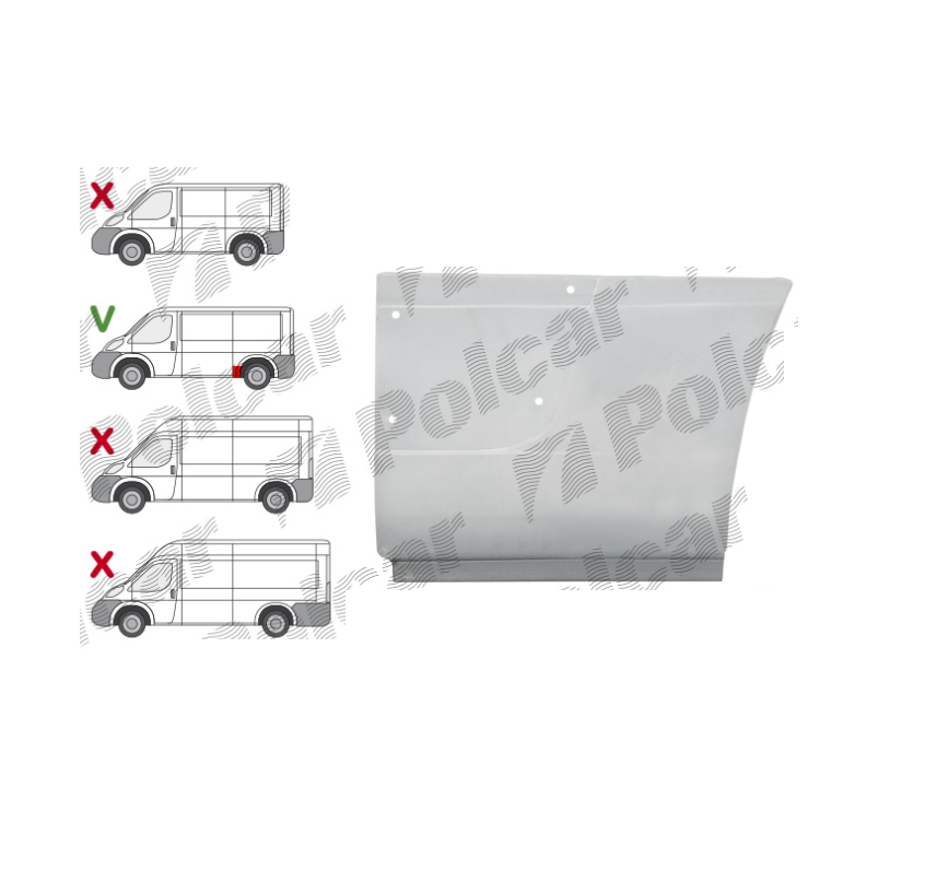 Segment reparatie aripa spate CITROEN Jumper (250), FIAT Ducato (250), PEUGEOT Boxer (250) 2006-2014; Jumper, Ducato, Boxer 2014+; RAM ProMaster (2013+) stanga, KLOKKERHOLM, metal; cu gauri ornament; in fata rotii; lungime 370, inaltime 340 mm;