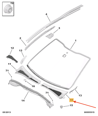 Panou deflector parbriz PEUGEOT 2008, 03.2013-12.2019; 208, 04.2012-12.2019, partea dreapta,