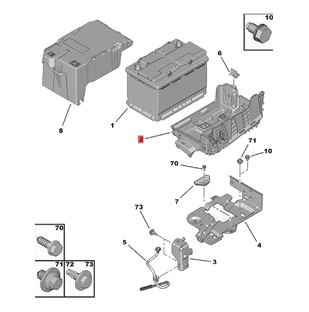 Suport baterie fata CITROEN C3, 11.2016-05.20; C4 CACTUS, 07.2014-05.2018, PEUGEOT 2008, 03.2013-12.2019; PEUGEOT 208, 04.2012-12.2019, PEUGEOT 301, 01.2013-01.2017