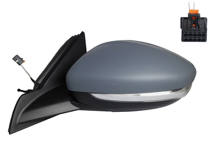 Oglinda usa exterioara OPEL CORSA/-e F, 06.2019-12.2023; PEUGEOT 208, 06.2019-, partea stanga, View Max, reglare cu cablu; grunduit; sticla convexa; sticla crom; 10 gauri / 2 pini; cu semnalizare (WY5W),