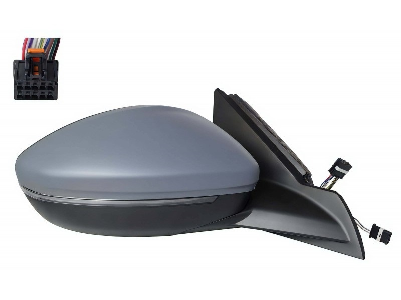 Oglinda usa exterioara OPEL CORSA/-e F, 06.2019-12.2023; PEUGEOT 208, 06.2019-, dreapta, electrica; grunduit; incalzire; convexa; sticla crom; senzor temperatura; pliabila electric; 10 gauri / 10 pini; LED indicator; asistenta laterala, lampa perimetru,