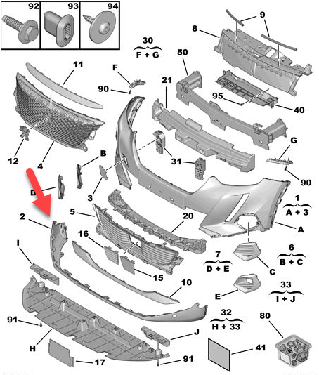 Spoiler bara fata PEUGEOT 2008/e-2008, 11.2019-01.2024, cu 2 gauri senzori parcare, cu gauri pentru overlay; texturat,