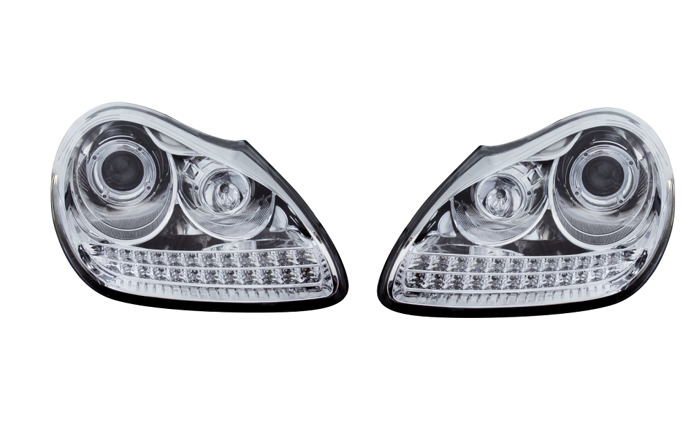 Set faruri tuning PORSCHE CAYENNE (955/9PA), 09.2002-12.2006, cu LED indicator; cu LED parking light; D1S+H1; manual/electrical; crom, transparent; TUNING; xenon,