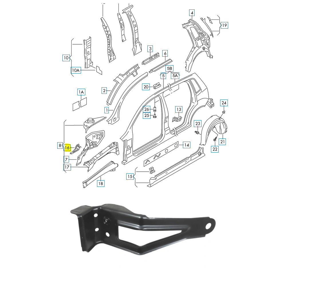 Suport aripa fata SEAT IBIZA (6J), 04.2008-04.2012; IBIZA/CORDOBA (6L), 02.2002-2008; SKODA FABIA 2000-2015; RAPID (IND), 11.2011-; ROOMSTER/PRAKTIK (5J), 07.2006-, VW FOX (5Z1), 2005-; POLO 2001-2017, partea stanga, original, interior,