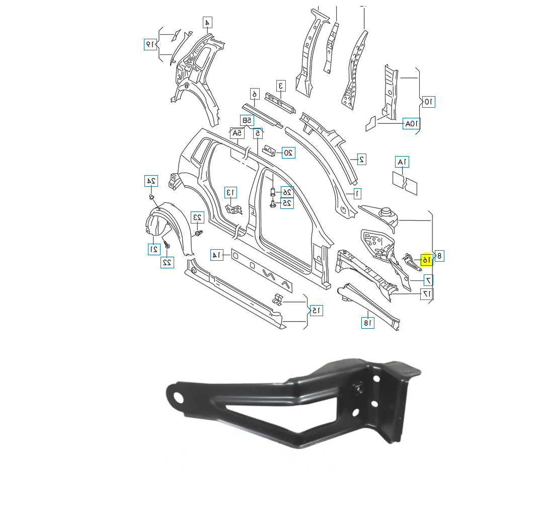 Suport aripa fata SEAT IBIZA (6J), 04.2008-04.2012; IBIZA/CORDOBA (6L), 02.2002-2008; SKODA FABIA 2000-2015; RAPID (IND), 11.2011-; ROOMSTER/PRAKTIK (5J), 07.2006-, VW FOX (5Z1), 2005-; POLO 2001-2017, partea dreapta, original, interior,