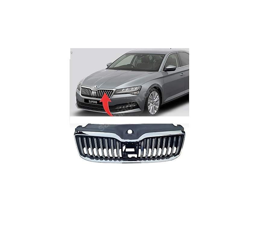 Grila masca fata SKODA SUPERB (3V), 2019-06.2024, crom/negru; grila cu rama; cu ACC,