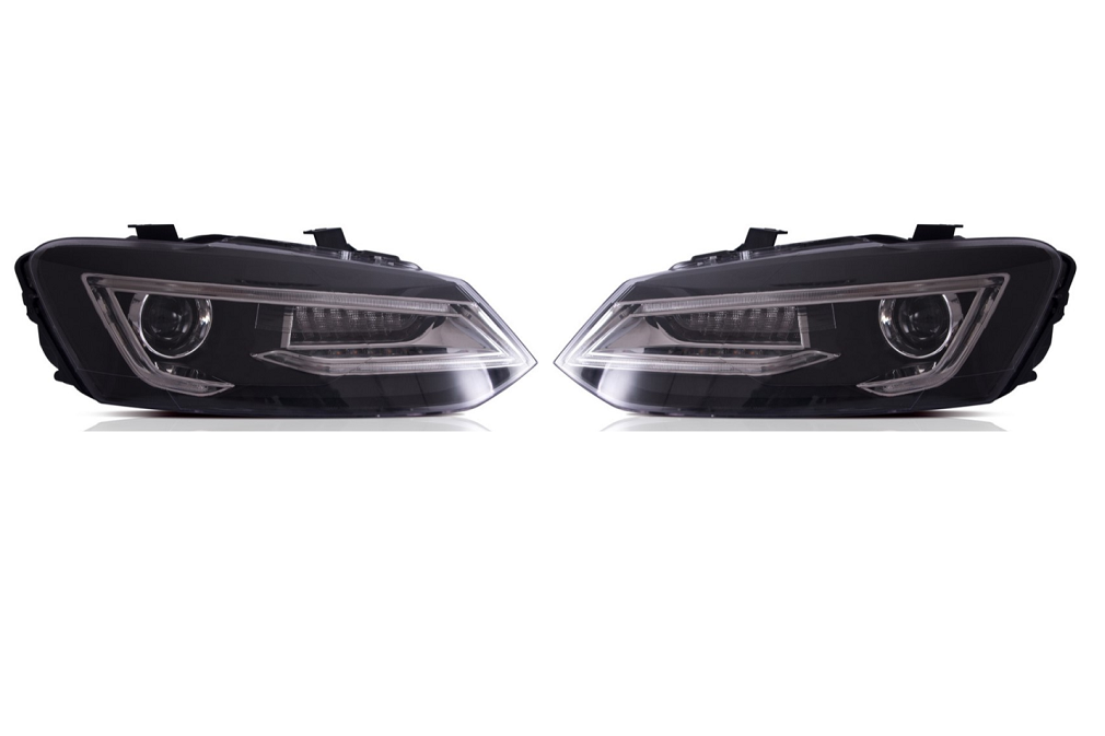 Set faruri tuning VW POLO (6R), 2011-12.2017, dynamic indicator; cu LED indicator; cu LED daytime running light; H7; electrical; negru; fara becuri; TUNING; xenon; LED,