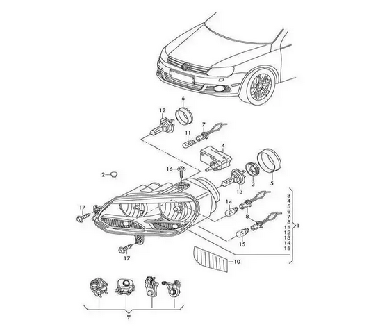 Soclu bec SEAT Alhambra (7N), VW Crafter (2E), EOS (1F), Golf VII (5K), Passat (B7), Scirocco (1K8), Sharan (7N), Tiguan (5N2), Touran (1T3), Transporter/Multivan (T5)- pentru becuri halogen H7, stanga=dreapta, original,