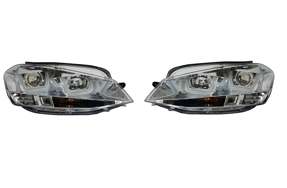 Set faruri tuning VW GOLF VII (5K), 10.2012-2017, cu LED daytime running light; H1+H7; manual; crom, transparent; TUNING; halogen,