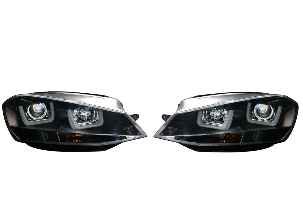 Set faruri tuning VW GOLF VII (5K), 10.2012-2017, cu LED daytime running light; H1+H7; manual; negru, transparent; TUNING; halogen,