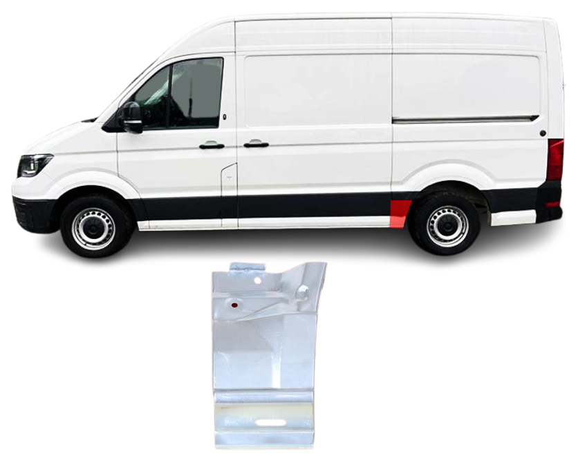Segment reparatie aripa spate MAN TGE, 11.2016-, VW CRAFTER, 02.2017-, partea stanga, KLOKKERHOLM, metal galvanizat; cu gauri ornament; in fata rotii; lungime 120 mm; ampatament 3639 mm,