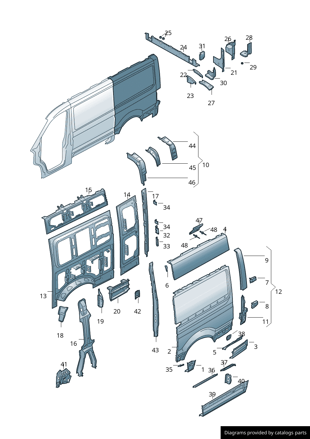 Segment reparatie aripa spate MAN TGE, 11.2016-, VW CRAFTER, 02.2017-, partea stanga, KLOKKERHOLM, metal galvanizat; cu gauri ornament; in spatele rotii; ampatament 4489 mm,