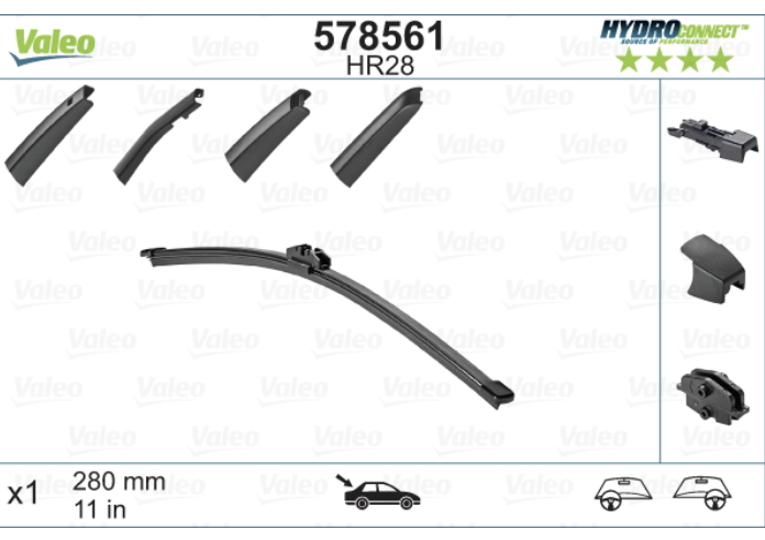 Lama Stergator hydroconnect spate BMW Seria 1, 2 , 3; CUPRA Formentor; FIAT 600; FORD Fiesta, Kuga, Mondeo, Puma; MERCEDES C, E, EQB, EQC, GLA, GLB, GLC; MINI; SEAT Arona, Ateca, Leon; SKODA Fabia, Yeti; VW Golf, Passat, Polo, Touran, 280 mm,