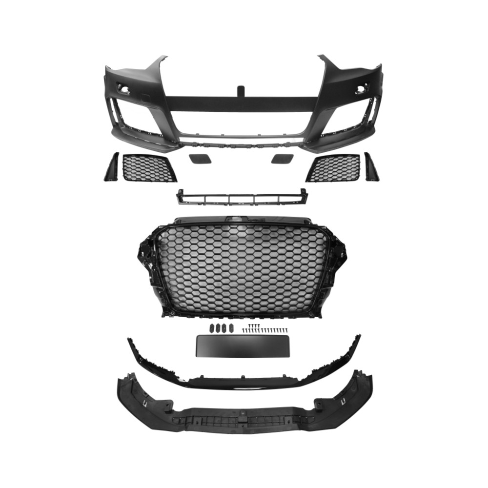 Set bara fata AUDI A3 (8V), 06.2012-07.2016, cu gauri spalator; grunduit, de vopsit; type RS3; cu grile, cu spoiler; cu suport numar inmatriculare, cu baza logo; fara gauri lampa ceata; TUNING, model Hatchback,