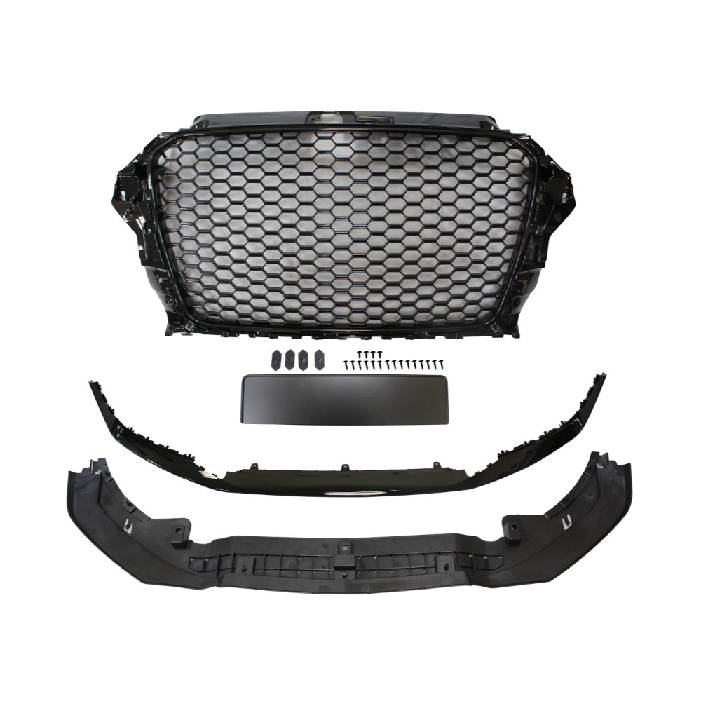 Set bara fata AUDI A3 (8V), 06.2012-07.2016, cu gauri spalator; grunduit, de vopsit; type RS3; cu grile, cu spoiler; cu suport numar inmatriculare, cu baza logo; fara gauri lampa ceata; TUNING, model Hatchback,