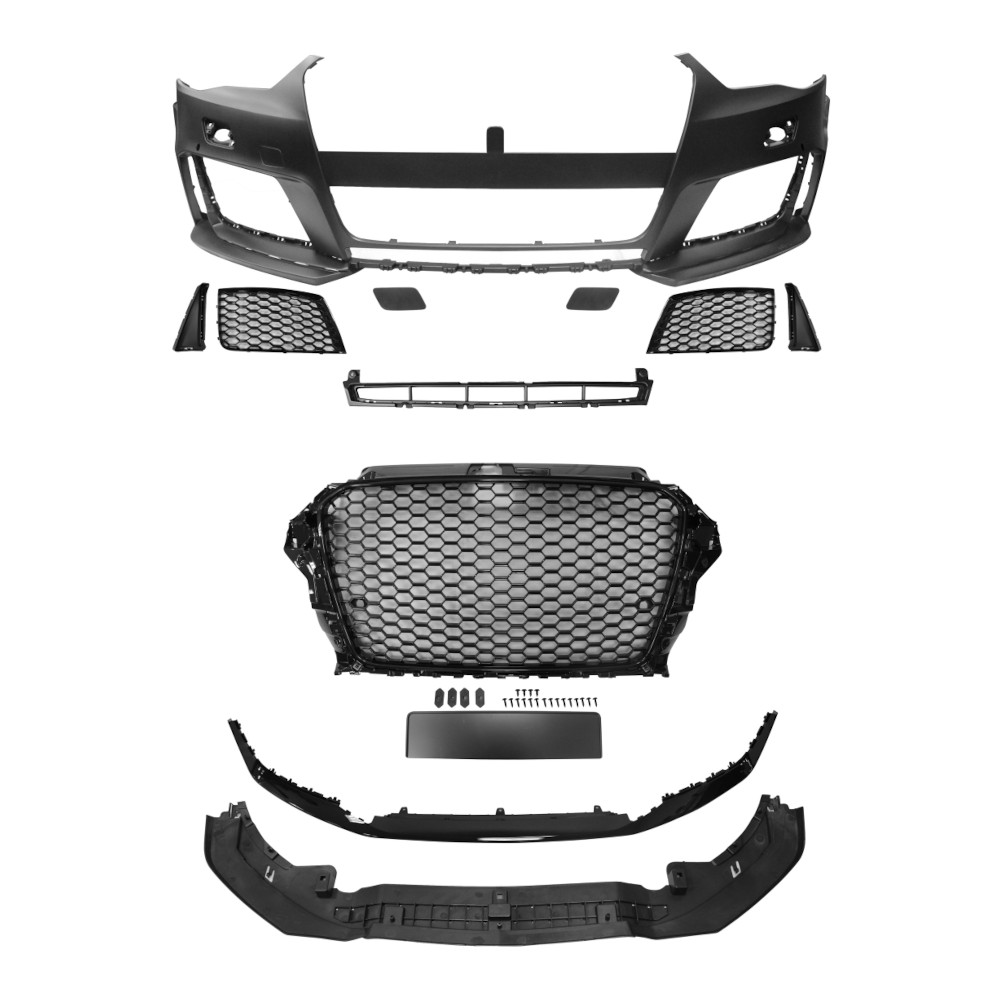 Set bara fata AUDI A3 (8V), 06.2012-07.2016, cu gauri spalator si 4 senzori parcare; grunduit, de vopsit; type RS3; cu grile, cu spoiler; cu suport numar inmatriculare, cu baza logo; fara gauri lampa ceata; TUNING, model Hatchback,