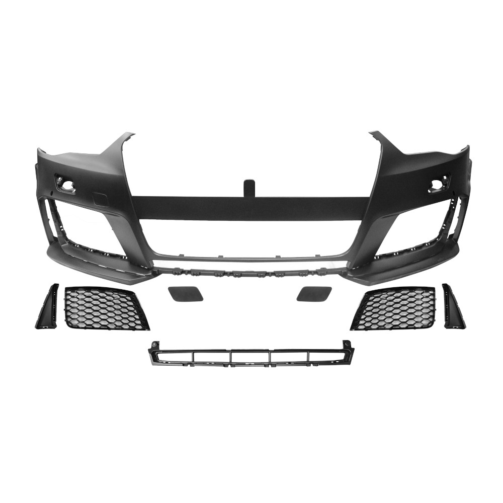 Set bara fata AUDI A3 (8V), 06.2012-07.2016, cu gauri spalator si 4 senzori parcare; grunduit, de vopsit; type RS3; cu grile, cu spoiler; cu suport numar inmatriculare, cu baza logo; fara gauri lampa ceata; TUNING, model Hatchback,