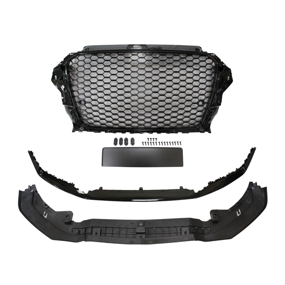 Set bara fata AUDI A3 (8V), 06.2012-07.2016, cu gauri spalator si 4 senzori parcare; grunduit, de vopsit; type RS3; cu grile, cu spoiler; cu suport numar inmatriculare, cu baza logo; fara gauri lampa ceata; TUNING, model Hatchback,