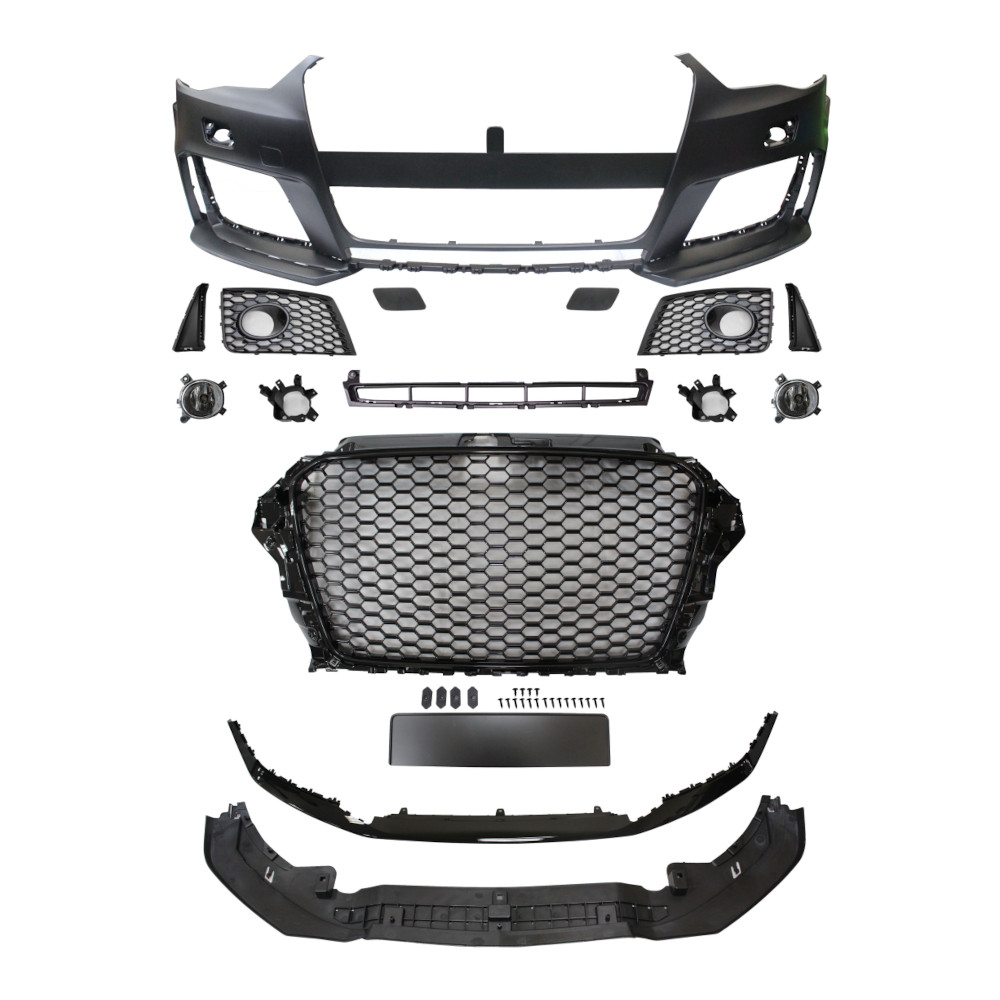 Set bara fata AUDI A3 (8V), 06.2012-07.2016, cu lampi ceata, cu gauri spalator; grunduit, de vopsit; type RS3; cu grile, cu spoiler; cu suport numar inmatriculare, cu baza logo; cu gauri lampa ceata; TUNING, model Hatchback,