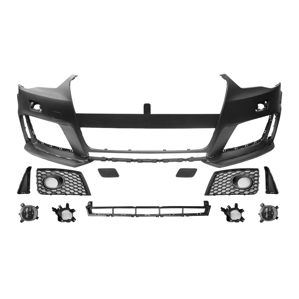 Set bara fata AUDI A3 (8V), 06.2012-07.2016, cu lampi ceata, cu gauri spalator; grunduit, de vopsit; type RS3; cu grile, cu spoiler; cu suport numar inmatriculare, cu baza logo; cu gauri lampa ceata; TUNING, model Hatchback,
